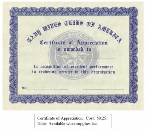 CERTIFICATE OF APPRECIATION - Navy Wives Clubs of America